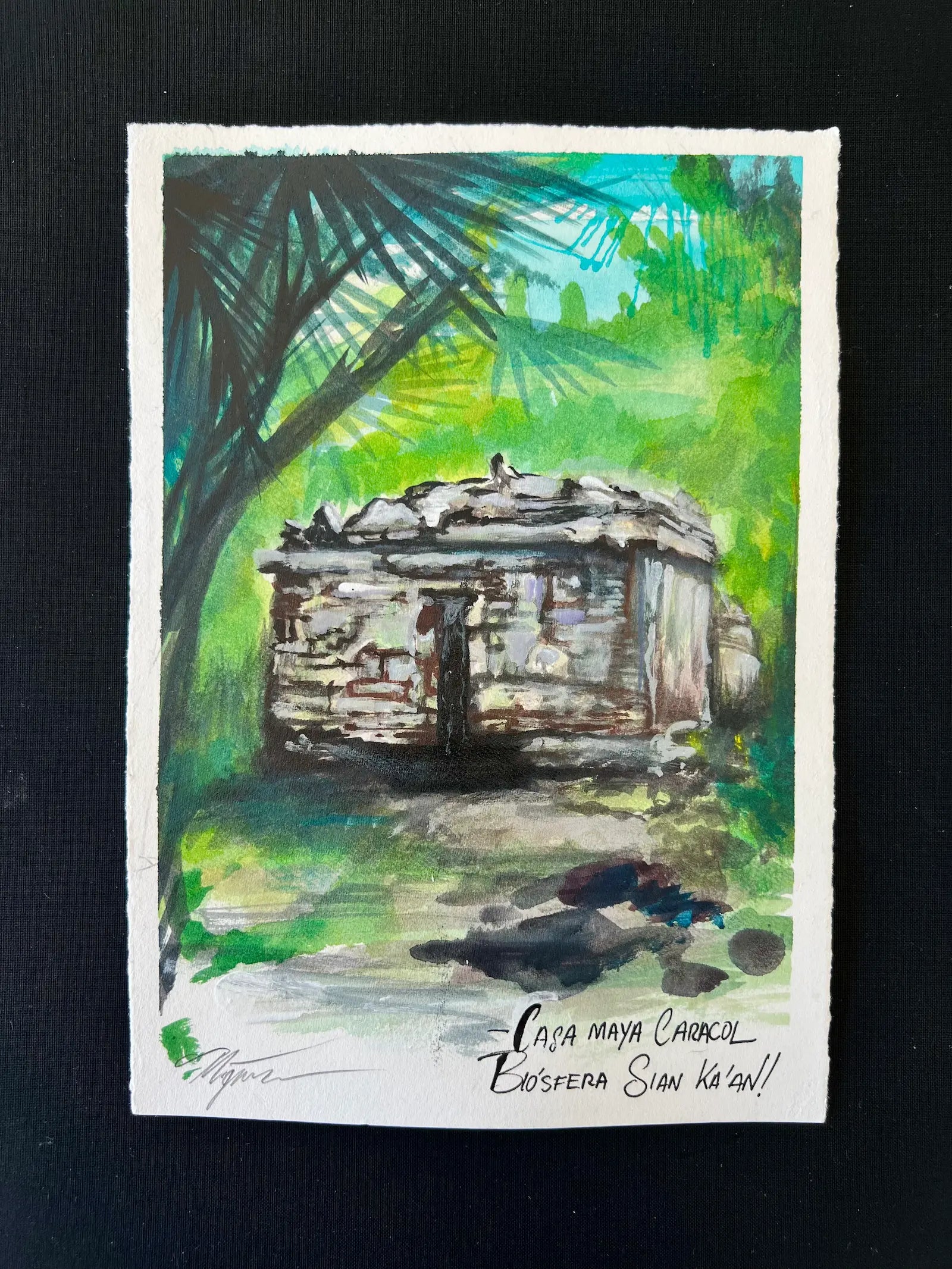 Casa Maya Caracol – Acuarela original de arquitectura maya