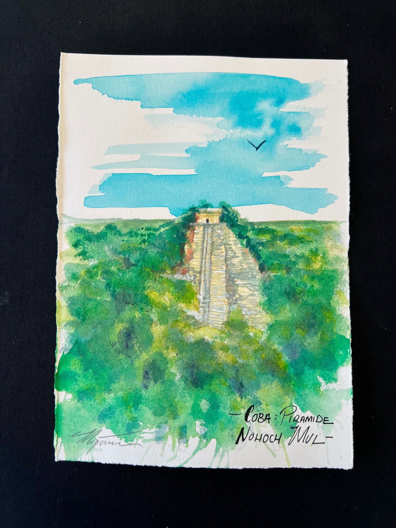 Cobá: Pirámide de Nohoch Mul – Acuarela original inspirada en el sitio arqueológico de México