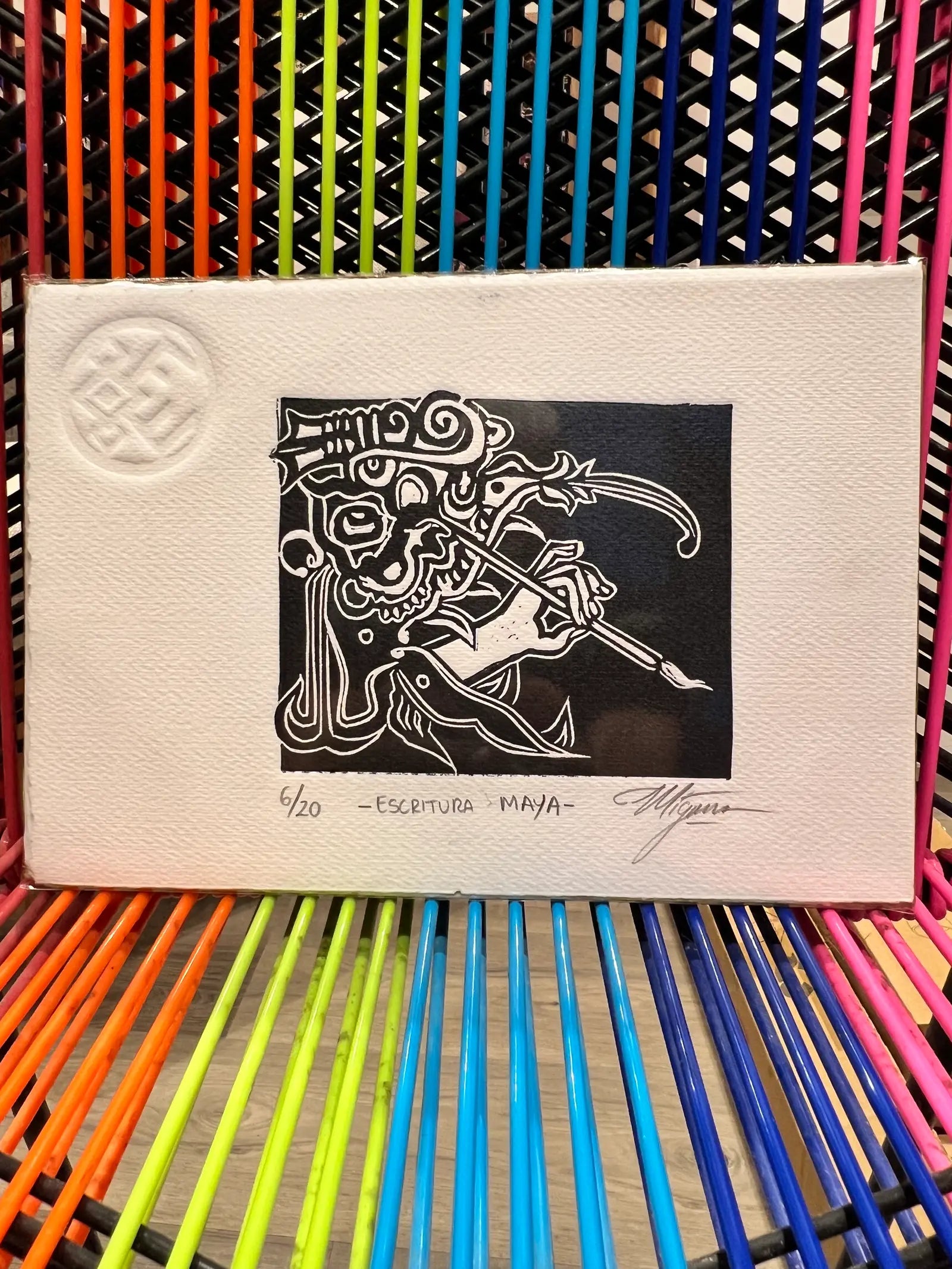 Escritura Maya – Linograbado original sobre papel Fabriano