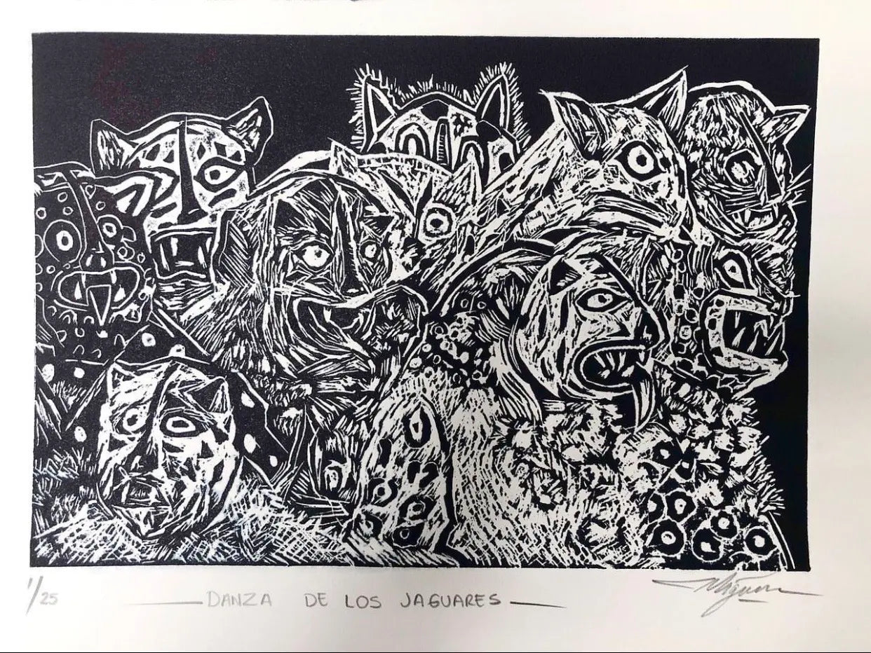 Danza de los Jaguares – Linograbado original sobre papel Fabriano
