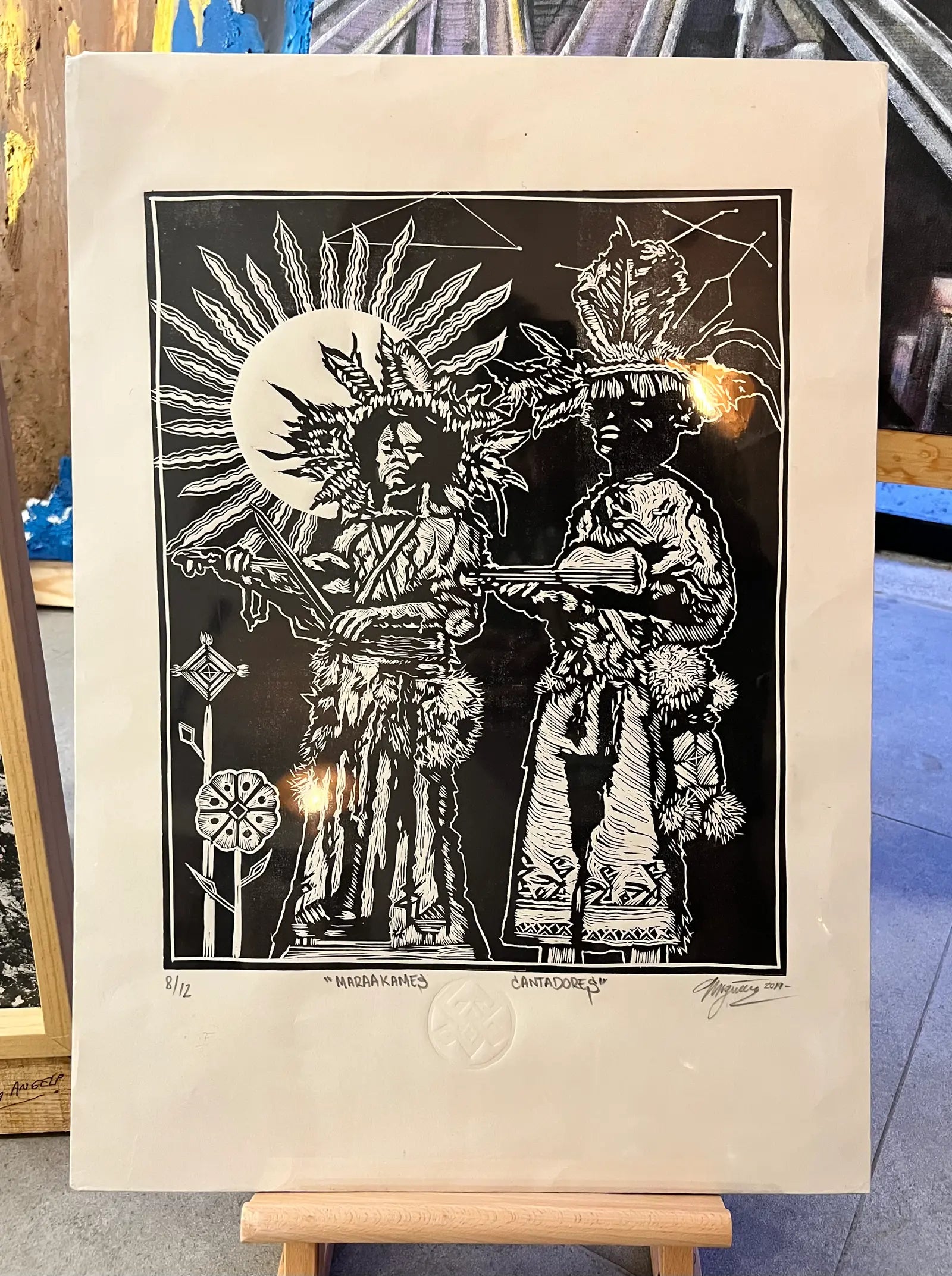 Mara’akames Cantadores – Linograbado original sobre papel Fabriano