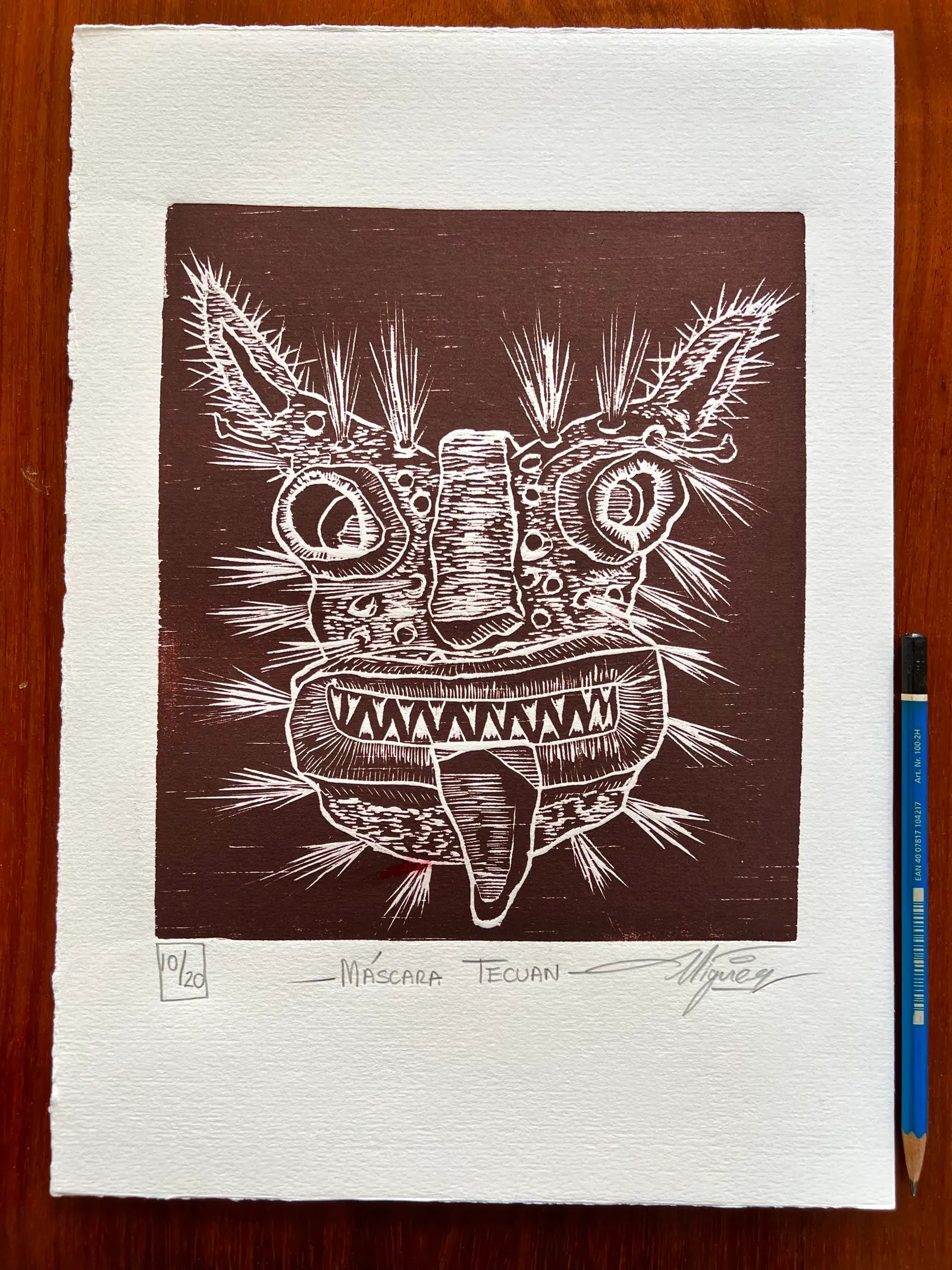 Máscara Tecuán – Linograbado original sobre papel Fabriano