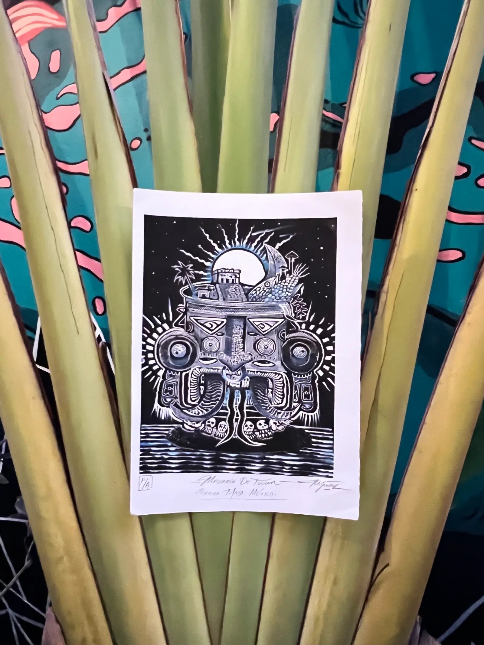 Mascarón de Tulum – Linograbado original sobre papel Fabriano