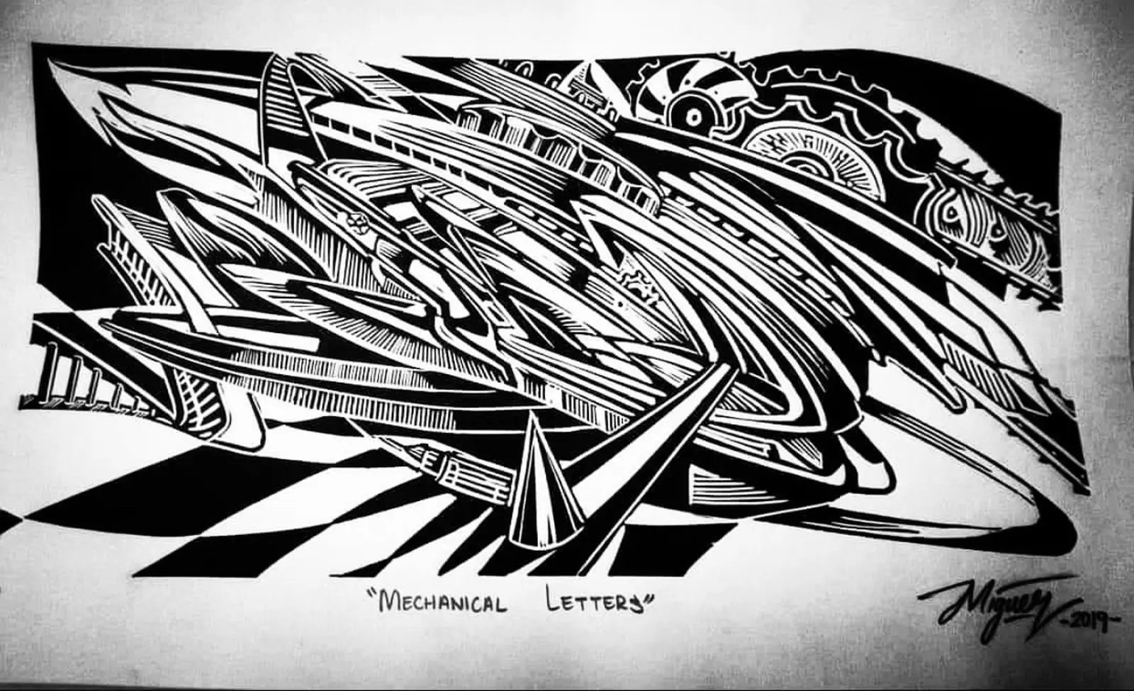 Mechanical Letters – Linograbado original sobre papel Fabriano