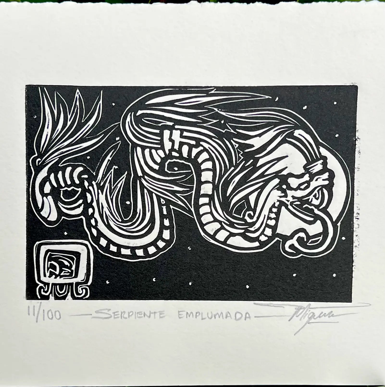 Serpiente Emplumada – Mini linograbado original sobre papel Fabriano