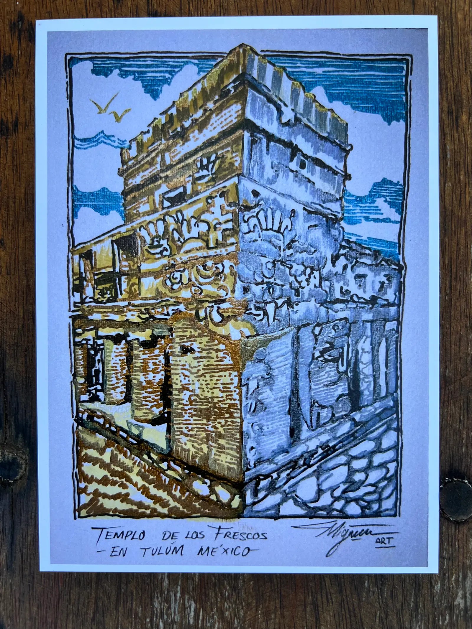 El Templo de los Frescos – Acuarela original inspirada en Tulum, México